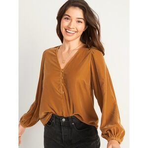 OLD NAVY S Butterscotch Gold Velvet V-Neck Blouse Long Sleeve Button Front